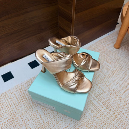 AQUAZZURA 26S TWISTED HEEL SANDALS 85 MM IN SOFT GOLD LAMBSKIN