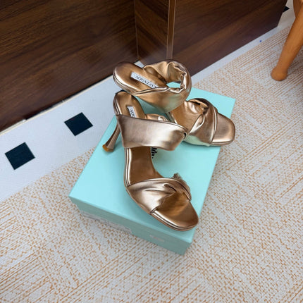 AQUAZZURA 26S TWISTED HEEL SANDALS 85 MM IN SOFT GOLD LAMBSKIN