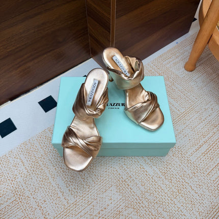 AQUAZZURA 26S TWISTED HEEL SANDALS 85 MM IN SOFT GOLD LAMBSKIN