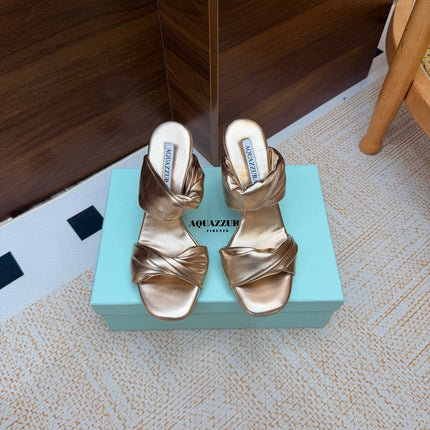 AQUAZZURA 26S TWISTED HEEL SANDALS 85 MM IN SOFT GOLD LAMBSKIN