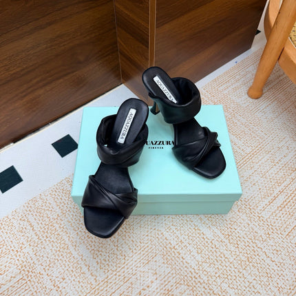 AQUAZZURA 26S TWISTED HEEL SANDALS 85 MM IN BLACK LAMBSKIN