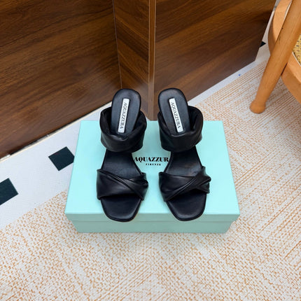 AQUAZZURA 26S TWISTED HEEL SANDALS 85 MM IN BLACK LAMBSKIN
