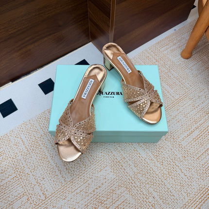 AQUAZZURA 26S CELESTE SANDALS 55 MM IN ROSE GOLD MESH & LEATHER