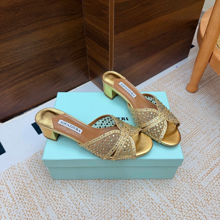 AQUAZZURA 26S CELESTE SANDALS 55 MM IN GOLD MESH & LEATHER