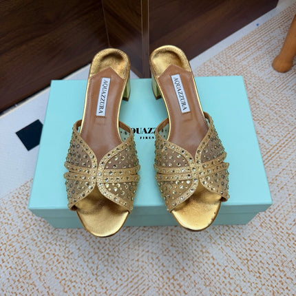 AQUAZZURA 26S CELESTE SANDALS 55 MM IN GOLD MESH & LEATHER