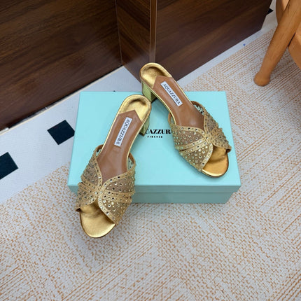 AQUAZZURA 26S CELESTE SANDALS 55 MM IN GOLD MESH & LEATHER