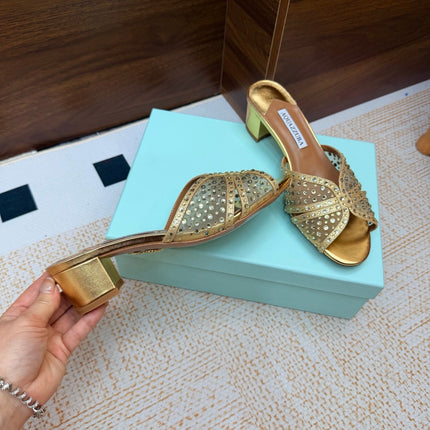 AQUAZZURA 26S CELESTE SANDALS 55 MM IN GOLD MESH & LEATHER