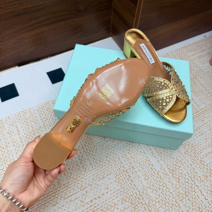AQUAZZURA 26S CELESTE SANDALS 55 MM IN GOLD MESH & LEATHER