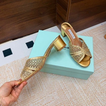 AQUAZZURA 26S CELESTE SANDALS 55 MM IN GOLD MESH & LEATHER