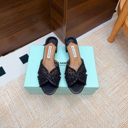 AQUAZZURA 26S CELESTE SANDALS 55 MM IN BLACK MESH & LEATHER