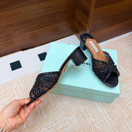 AQUAZZURA 26S CELESTE SANDALS 55 MM IN BLACK MESH & LEATHER