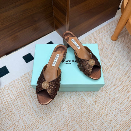 AQUAZZURA 26S CELESTE SLIDE SANDALS 55 MM IN BRONZE CALFSKIN