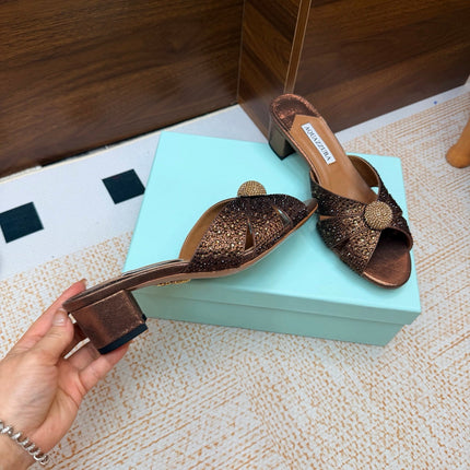 AQUAZZURA 26S CELESTE SLIDE SANDALS 55 MM IN BRONZE CALFSKIN