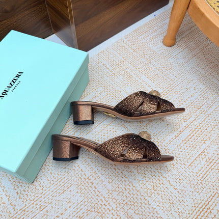 AQUAZZURA 26S CELESTE SLIDE SANDALS 55 MM IN BRONZE CALFSKIN