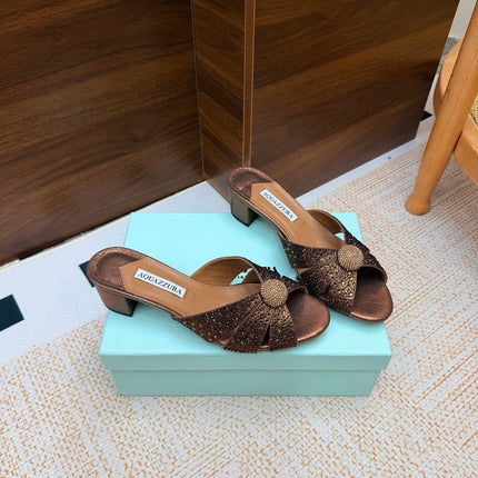 AQUAZZURA 26S CELESTE SLIDE SANDALS 55 MM IN BRONZE CALFSKIN