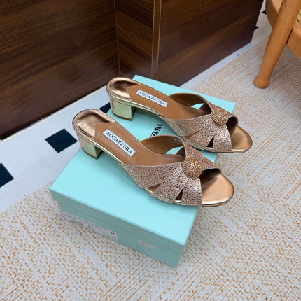 AQUAZZURA 26S CELESTE SLIDE SANDALS 55 MM IN COPPER GOLD CALFSKIN