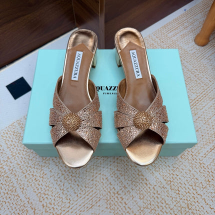AQUAZZURA 26S CELESTE SLIDE SANDALS 55 MM IN COPPER GOLD CALFSKIN