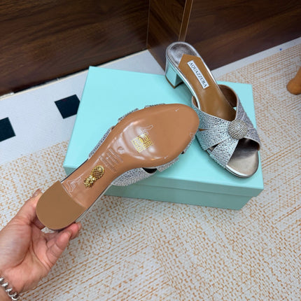 AQUAZZURA 26S CELESTE SLIDE SANDALS 55 MM IN SILVER CALFSKIN