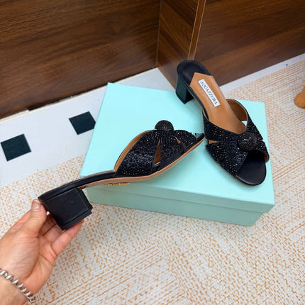 AQUAZZURA 26S CELESTE SLIDE SANDALS 55 MM IN BLACK CALFSKIN STYLE 2