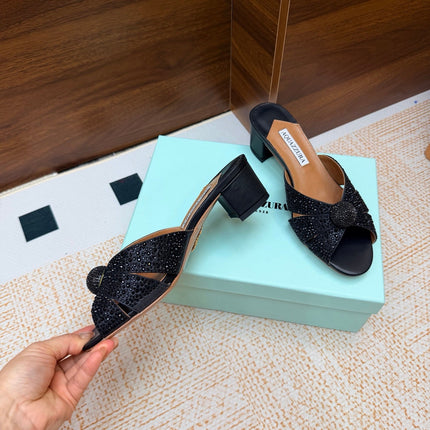 AQUAZZURA 26S CELESTE SLIDE SANDALS 55 MM IN BLACK CALFSKIN STYLE 2