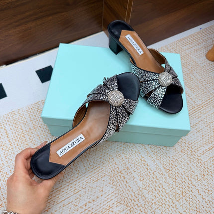 AQUAZZURA 26S CELESTE SLIDE SANDALS 55 MM IN BLACK CALFSKIN