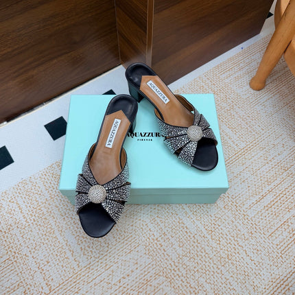 AQUAZZURA 26S CELESTE SLIDE SANDALS 55 MM IN BLACK CALFSKIN