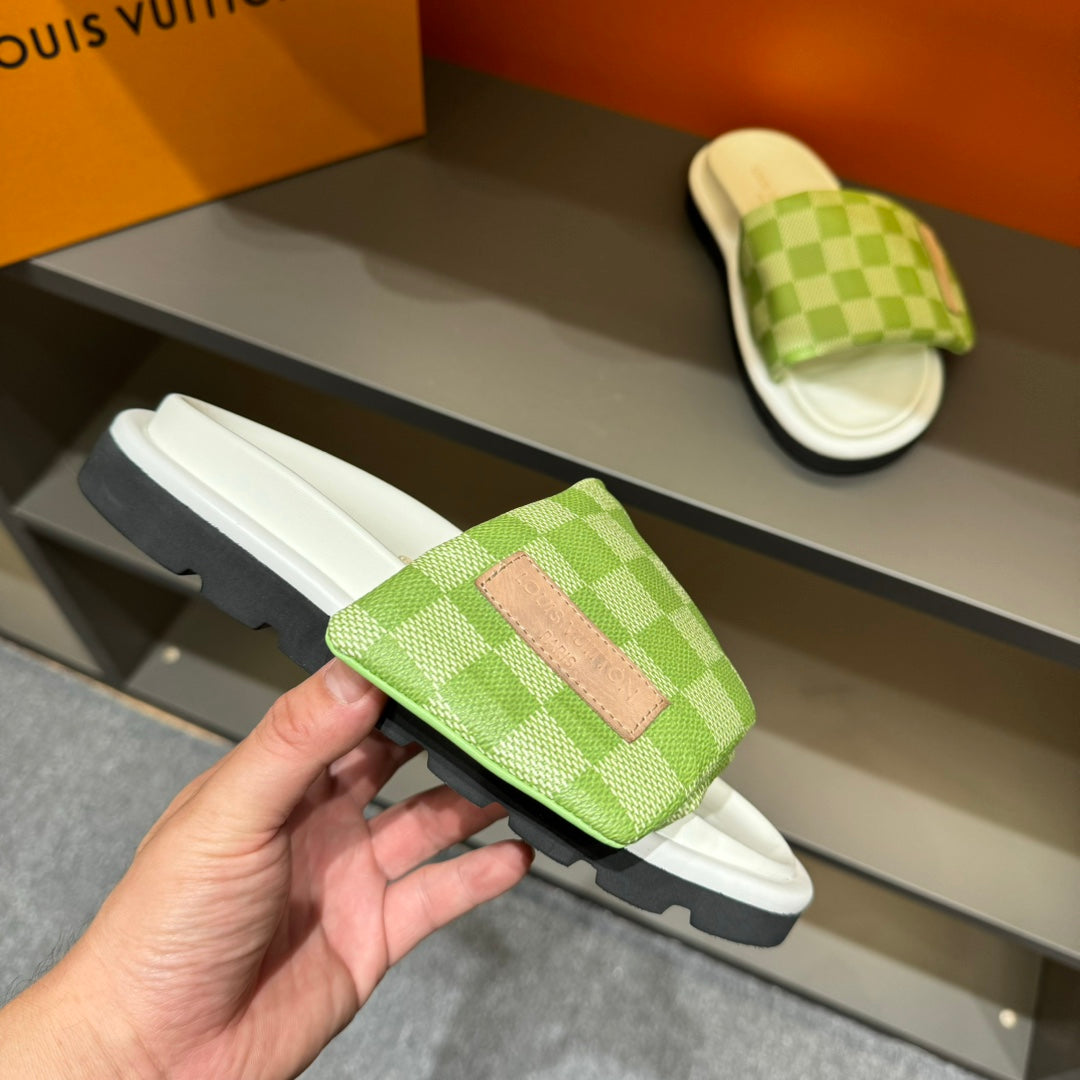 LV VELCRO SLIPPERS PEAR GREEN DAMIER MONOGRAM CALFSKIN