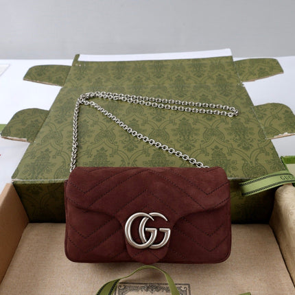 GUCCI 26S GG MARMONT MINI SHOULDER BAG 16 IN DARK BROWN SUEDE