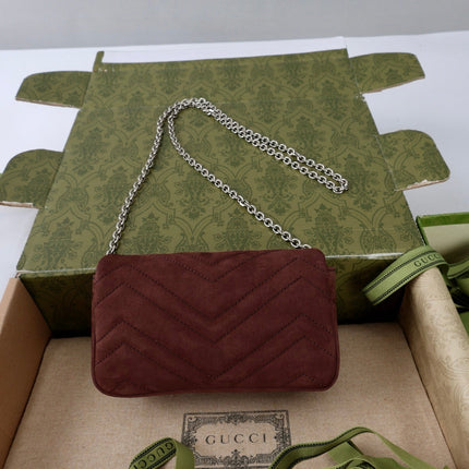 GUCCI 26S GG MARMONT MINI SHOULDER BAG 16 IN DARK BROWN SUEDE
