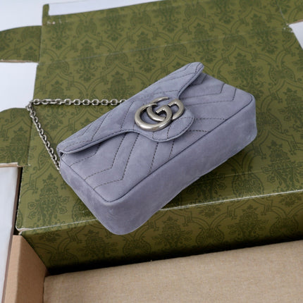 GUCCI 26S GG MARMONT MINI SHOULDER BAG 16 IN LIGHT GREY SUEDE