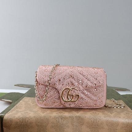 GUCCI 26S GG MARMONT MINI SHOULDER BAG 16 IN LIGHT PINK EMBOSSED CRYSTALS