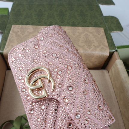 GUCCI 26S GG MARMONT MINI SHOULDER BAG 16 IN LIGHT PINK EMBOSSED CRYSTALS