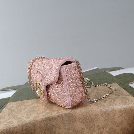 GUCCI 26S GG MARMONT MINI SHOULDER BAG 16 IN LIGHT PINK EMBOSSED CRYSTALS