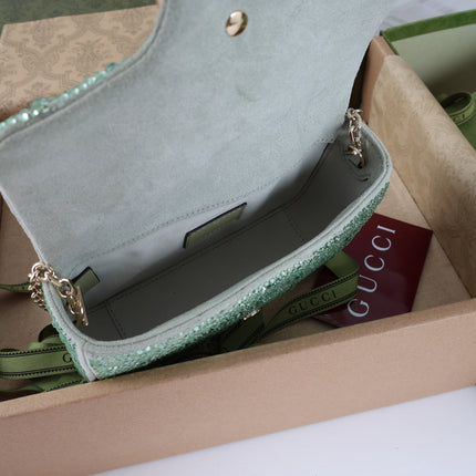 GUCCI 26S GG MARMONT MINI SHOULDER BAG 16 IN LIGHT GREEN EMBOSSED CRYSTALS