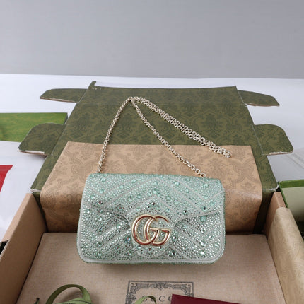 GUCCI 26S GG MARMONT MINI SHOULDER BAG 16 IN LIGHT GREEN EMBOSSED CRYSTALS