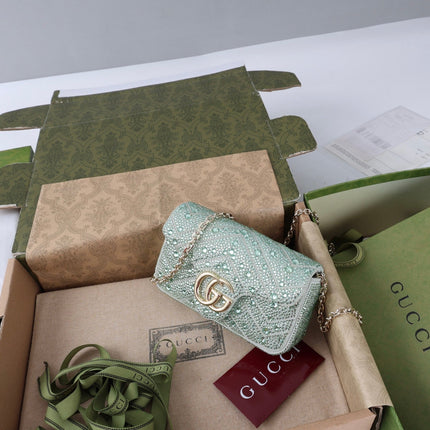 GUCCI 26S GG MARMONT MINI SHOULDER BAG 16 IN LIGHT GREEN EMBOSSED CRYSTALS