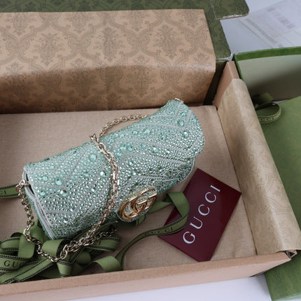 GUCCI 26S GG MARMONT MINI SHOULDER BAG 16 IN LIGHT GREEN EMBOSSED CRYSTALS