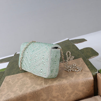 GUCCI 26S GG MARMONT MINI SHOULDER BAG 16 IN LIGHT GREEN EMBOSSED CRYSTALS
