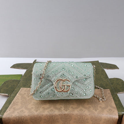 GUCCI 26S GG MARMONT MINI SHOULDER BAG 16 IN LIGHT GREEN EMBOSSED CRYSTALS