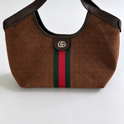 GUCCI 26S GIGLIO LARGE TOTE BAG 33 IN DARK BROWN SUEDE