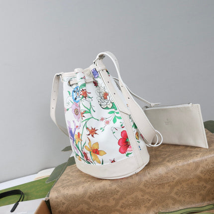 GUCCI 26S BUCKET BAG 20 IN WHITE CANVAS WITH FLORAL