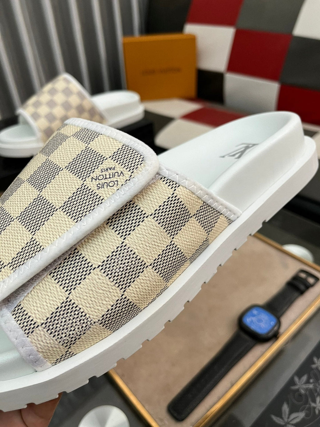 MIAMI MULE IN BEIGE CREAM DAMIER JACQUARD