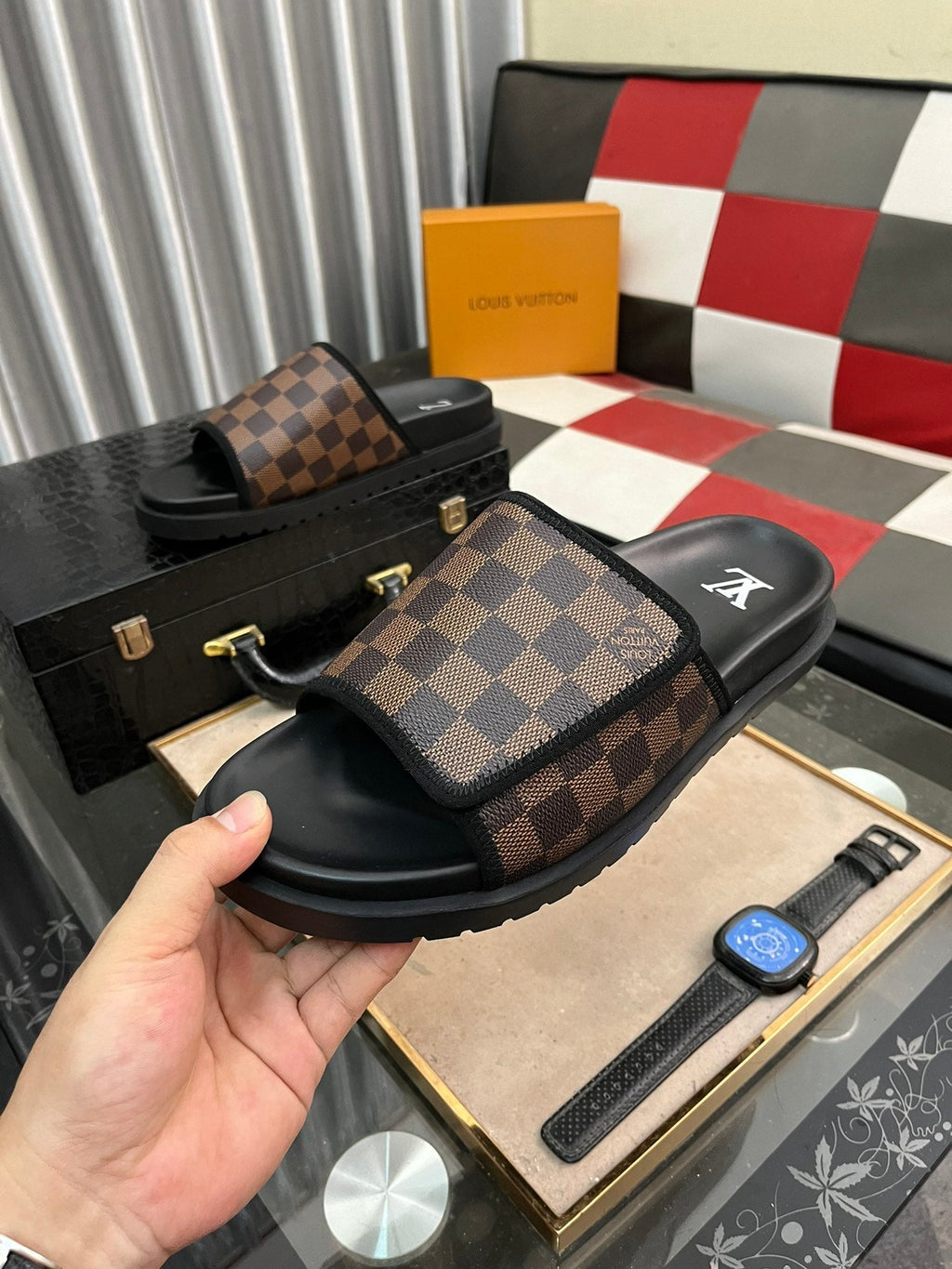 MIAMI MULE IN CINNAMON BROWN DAMIER JACQUARD