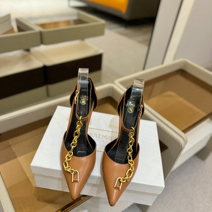 BALMAIN 25S SYNC STILETTOS WITH POINTED TOE 95MM IN DARK BROWN CALFSKIN