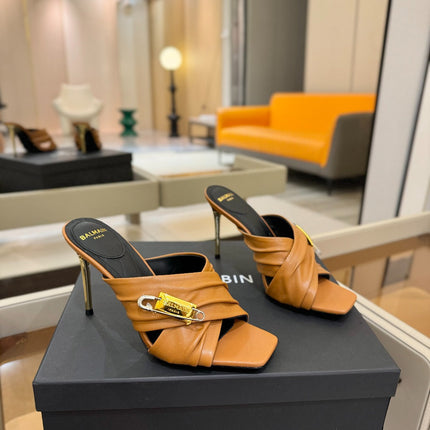 BALMAIN 25S HIGH HEEL SANDALS 95MM IN BROWN CALFSKIN