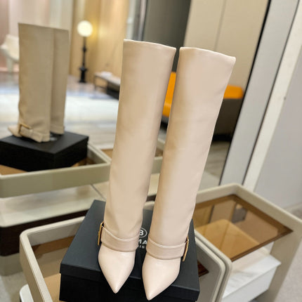BALMAIN 26S KNEE-HIGH BOOTS 100 MM IN LIGHT BEIGE CALFSKIN