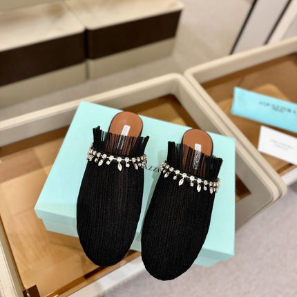 AQUAZZURA 26S FLAT MULES IN BLACK MESH CRYSTAL EMBELLISHMENTS