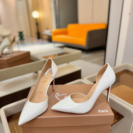 CHRISTIAN LOUBOUTIN 26S CUTOUT SIDE PUMP HEELS 105 MM IN WHITE PATENT CALFSKIN