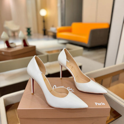 CHRISTIAN LOUBOUTIN 26S CUTOUT SIDE PUMP HEELS 105 MM IN WHITE PATENT CALFSKIN