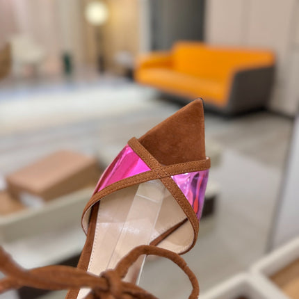 GIANVITO ROSSI 26S HEELS 105 MM IN BROWN SUEDE AND METALLIC PINK CALFSKIN